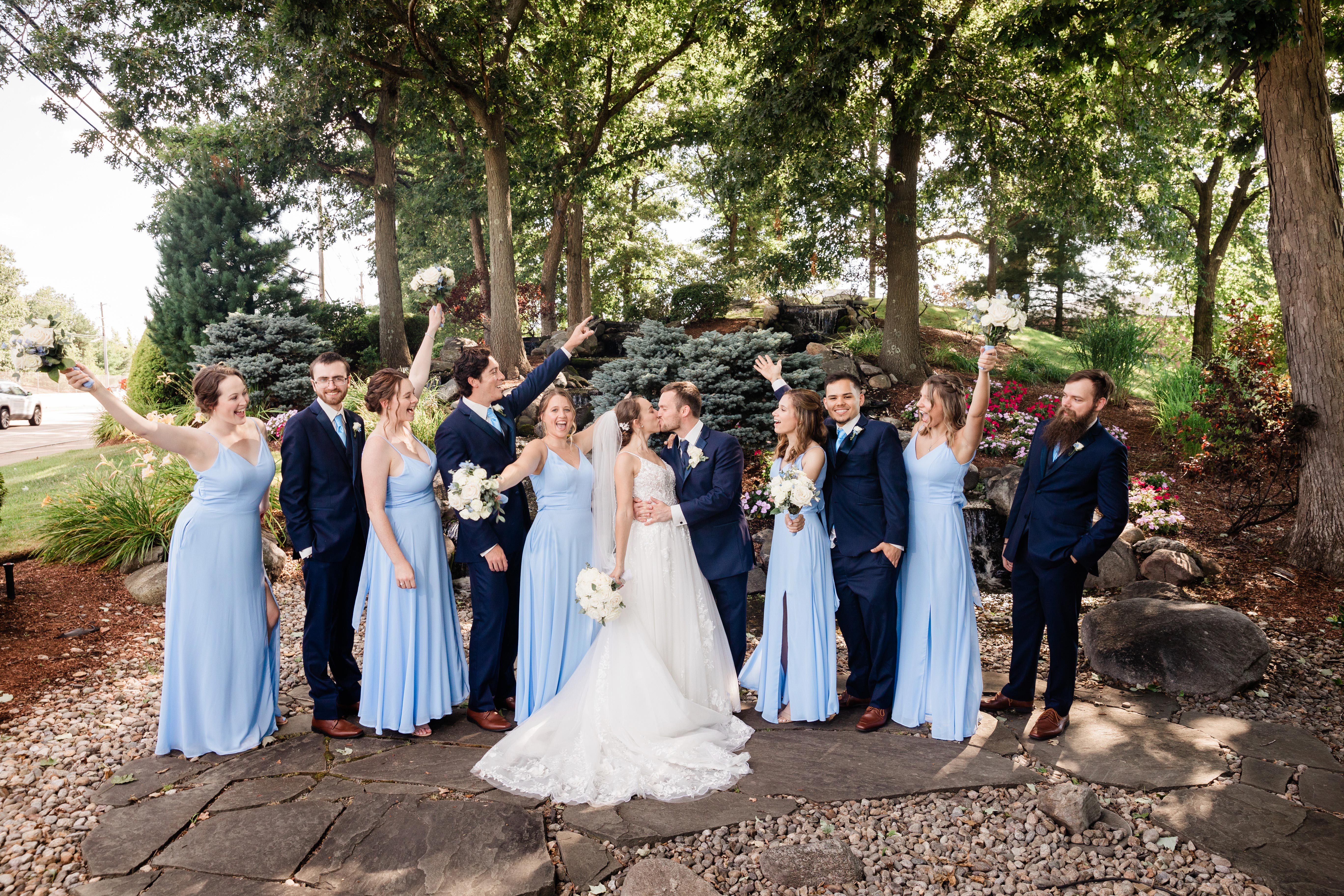 wedding party in shades of blue